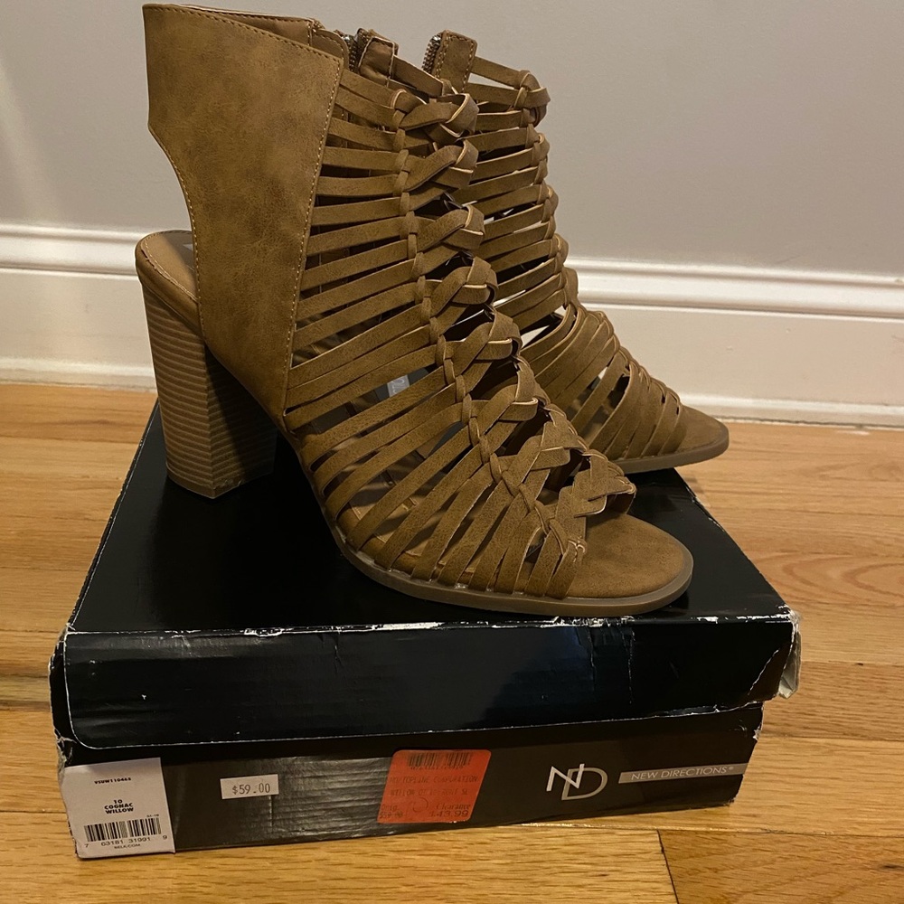new directions Tan Woven Strappy Block Heel Sandal